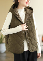 Women Army Green Hooded Button Pockets Cotton Filled Waistcoat Sleeveless