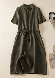 Women Army Green Lace Up Button Linen Dress Summer