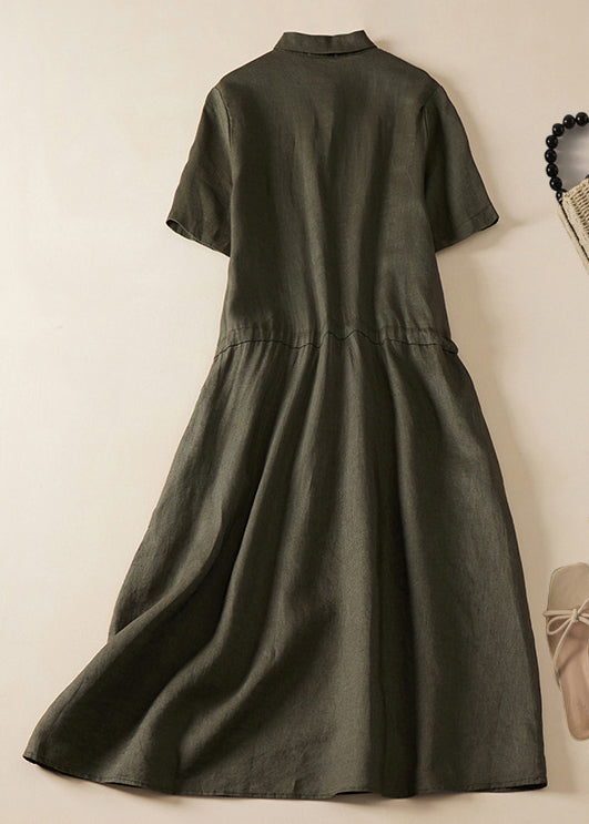 Women Army Green Lace Up Button Linen Dress Summer