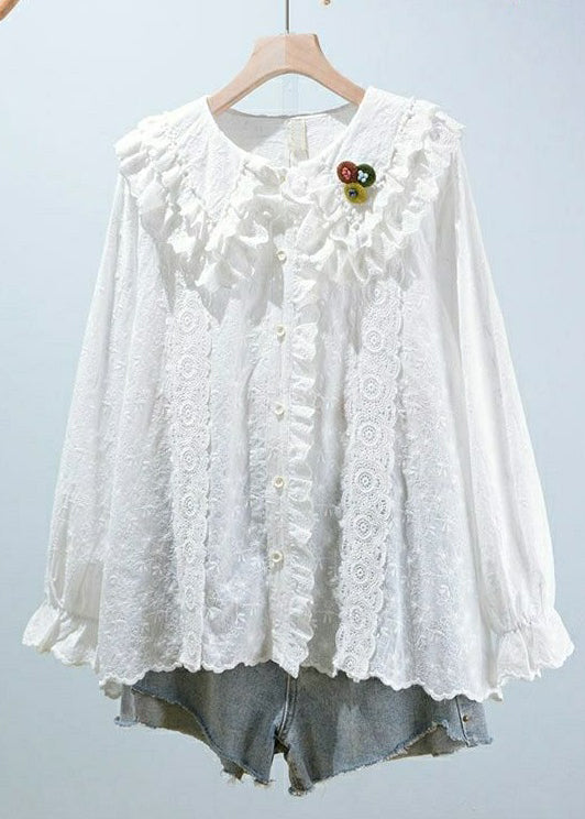 Women Beige Embroideried Button Cotton Blouses Long Sleeve