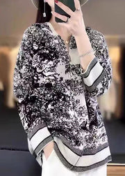 Women Beige Hooded Zippered Print Wool Knit Coat Long Sleeve