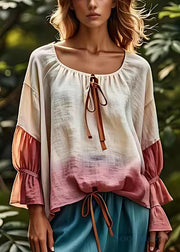 Women Beige Lace Up Patchwork Cotton Tops Fall