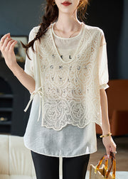 Women Beige O Neck Lace Patchwork False Two Pieces Chiffon Top Summer