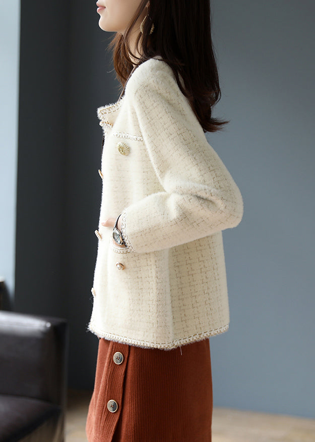 Women Beige O-Neck Plaid Cotton Coats Spring