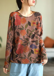 Women Beige O-Neck Print Knit Tops Fall