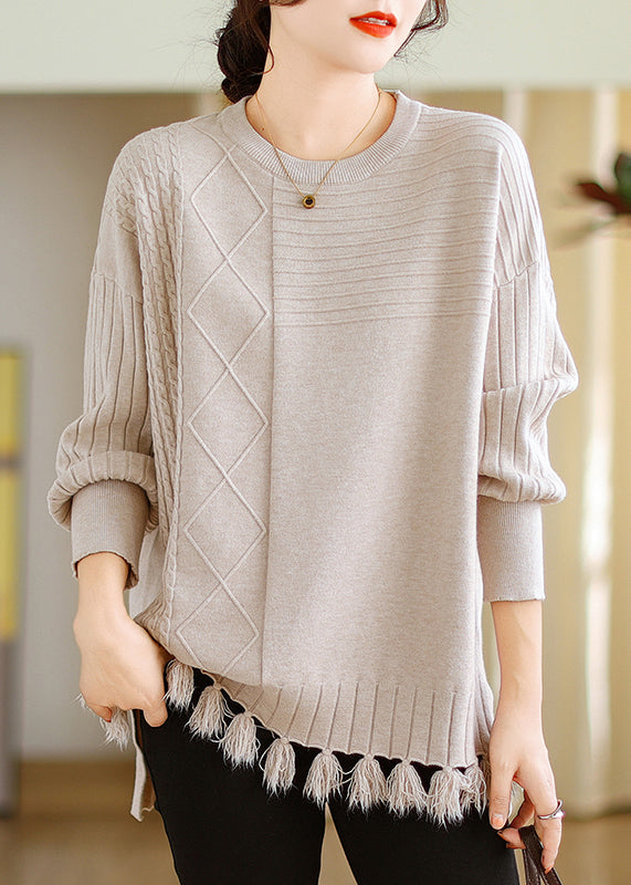 Women Beige O-Neck Tasseled Cotton Knit Tops Long Sleeve