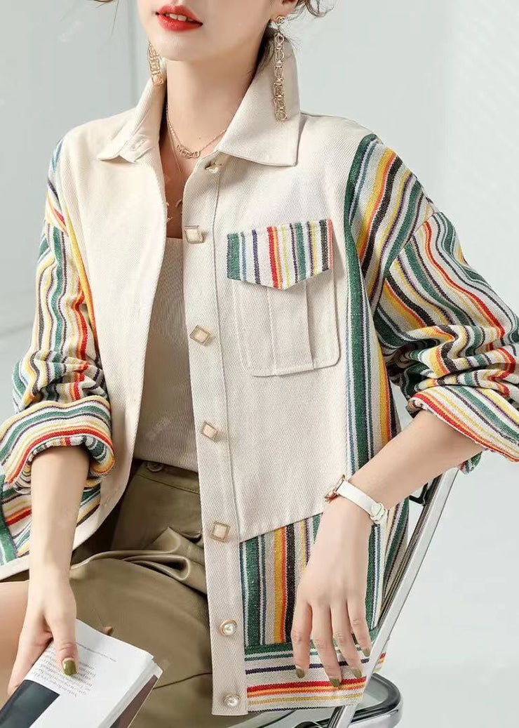 Women Beige Peter Pan Collar Pockets Striped Patchwork Cotton Coat Fall