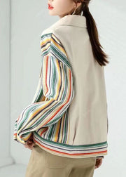 Women Beige Peter Pan Collar Pockets Striped Patchwork Cotton Coat Fall