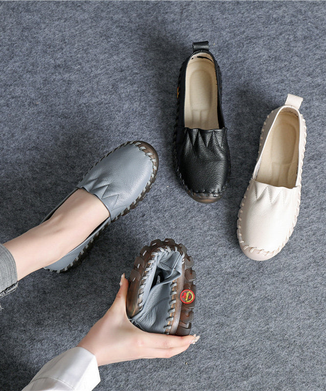 Women Beige Platform Flat Shoes For Cowhide Leather