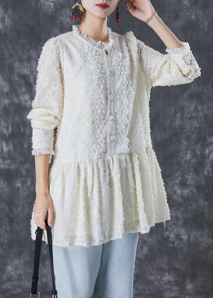 Women Beige Silm Fit Patchwork Lace Cotton Blouses Fall