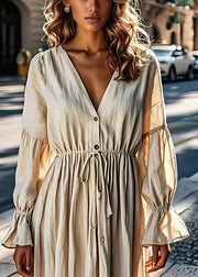 Women Beige V Neck Drawstring Linen Dress Flare Sleeve