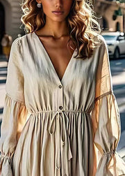 Women Beige V Neck Drawstring Linen Dress Flare Sleeve