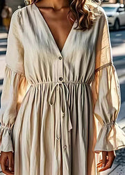 Women Beige V Neck Drawstring Linen Dress Flare Sleeve