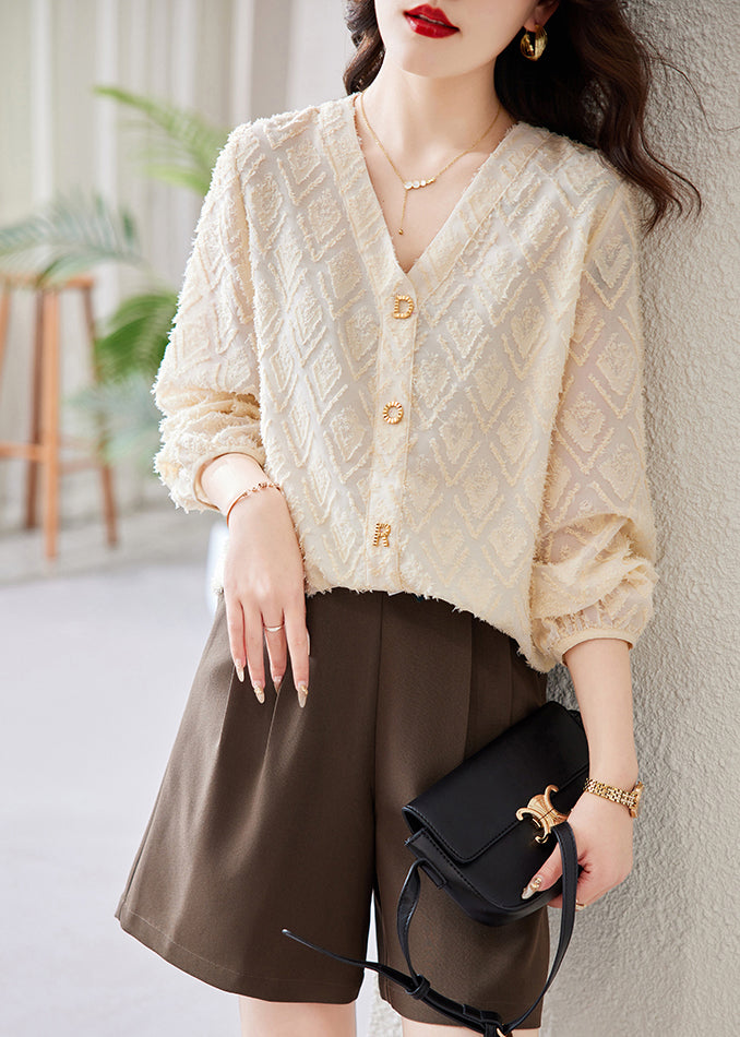 Women Beige V Neck Letter Cotton Blouses Spring