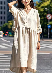 Women Beige V Neck Wrinkled Patchwork Linen Dresses Summer