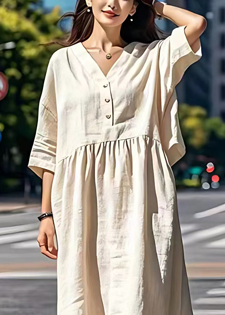 Women Beige V Neck Wrinkled Patchwork Linen Dresses Summer