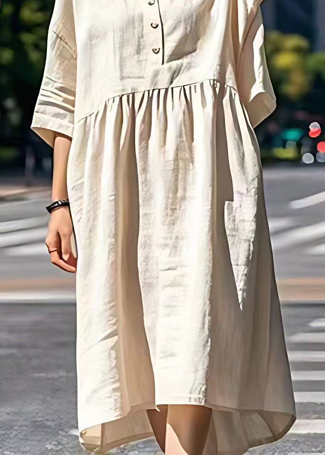 Women Beige V Neck Wrinkled Patchwork Linen Dresses Summer