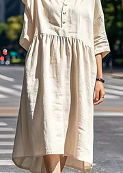 Women Beige V Neck Wrinkled Patchwork Linen Dresses Summer