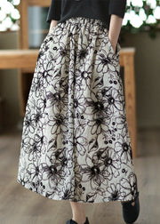 Women Beige Wrinkled Embroideried Linen Skirt Summer