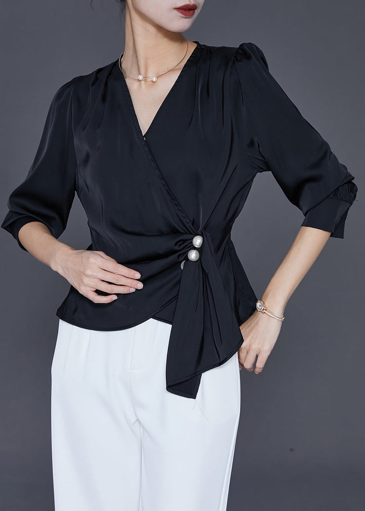 Women Black Asymmetrical Draping Silk Shirt Tops Fall