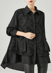 Women Black Asymmetrical Patchwork Cotton Shirt Dress Spring