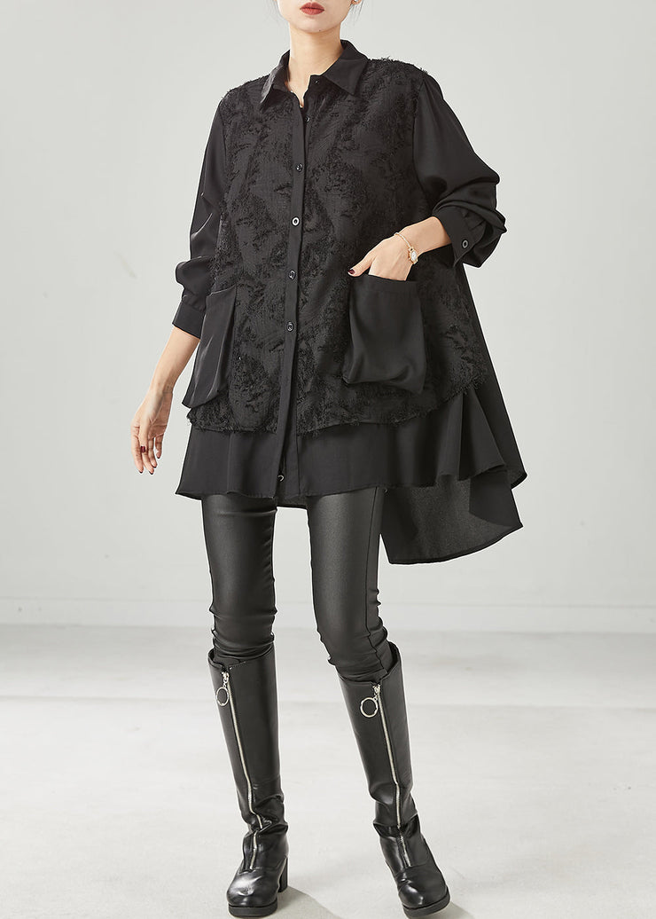 Women Black Asymmetrical Patchwork Cotton Shirt Dress Spring