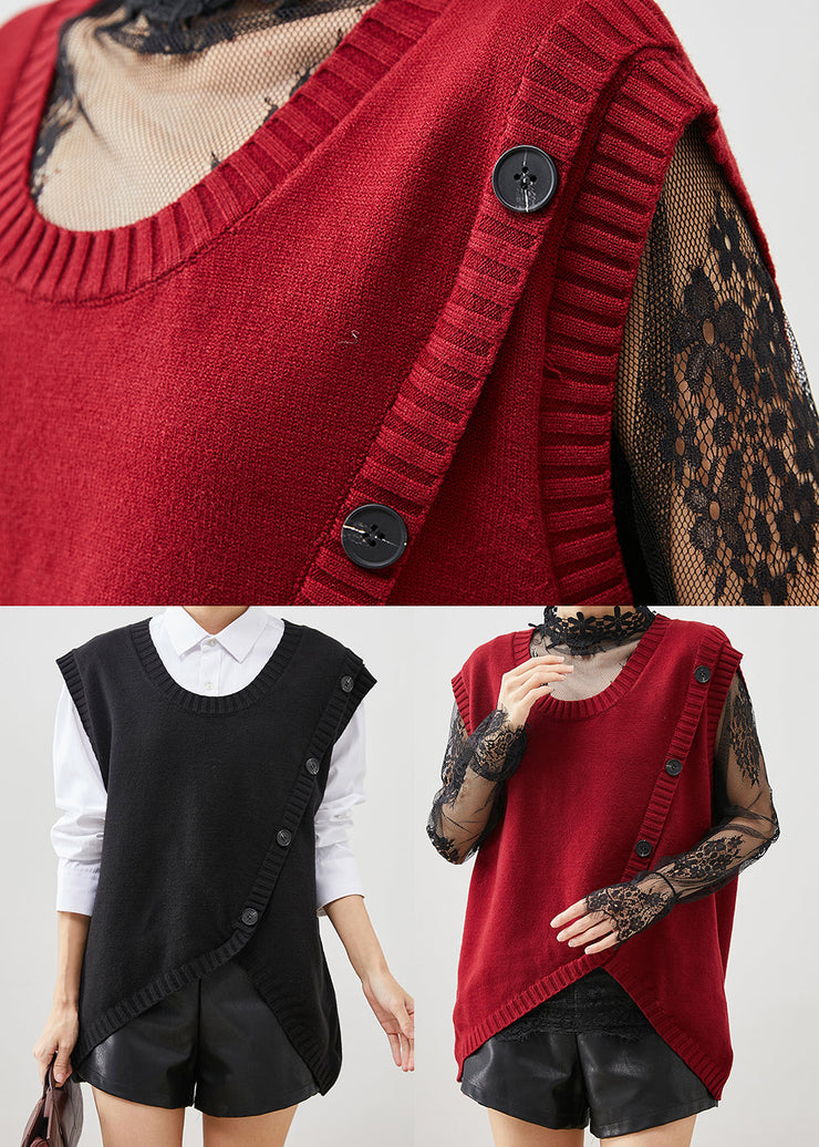 Women Black Asymmetrical Patchwork Knit Vest Top Fall