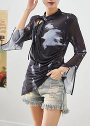 Women Black Asymmetrical Tie Dye Spandex Blouse Tops Flare Sleeve