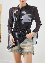 Women Black Asymmetrical Tie Dye Spandex Blouse Tops Flare Sleeve