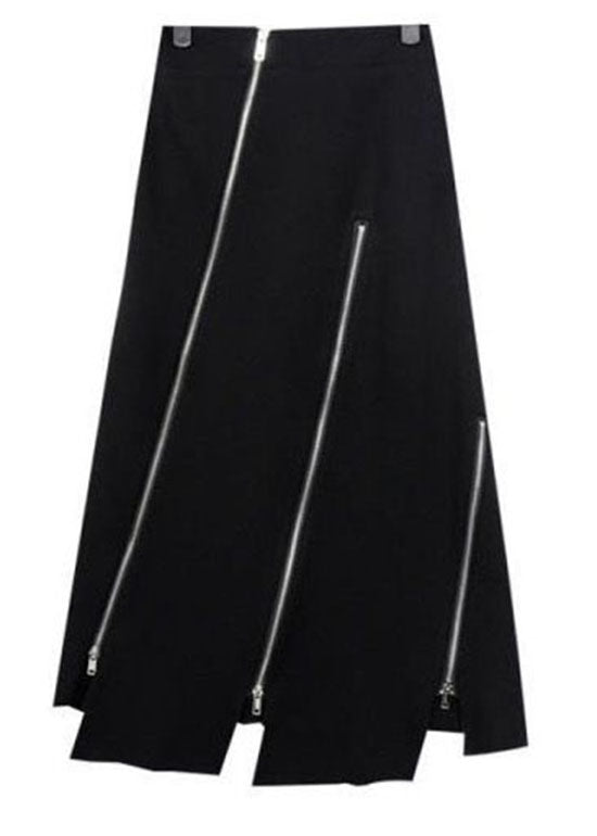 Women Black Asymmetrical Zippered Cotton Skirts Summer