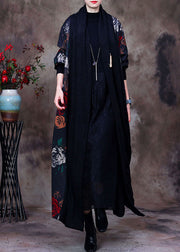 Women Black Bow Collar Floral Print Loose Long Cardigans Long Sleeve