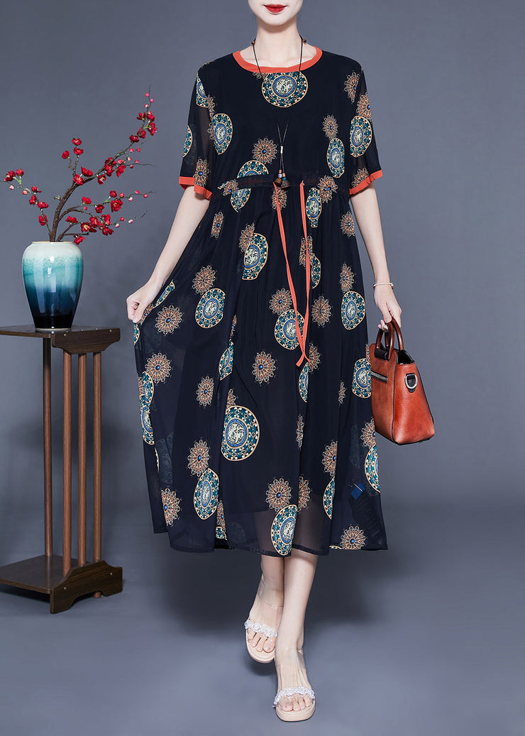 Women Black Cinched Print Chiffon Long Dress Summer