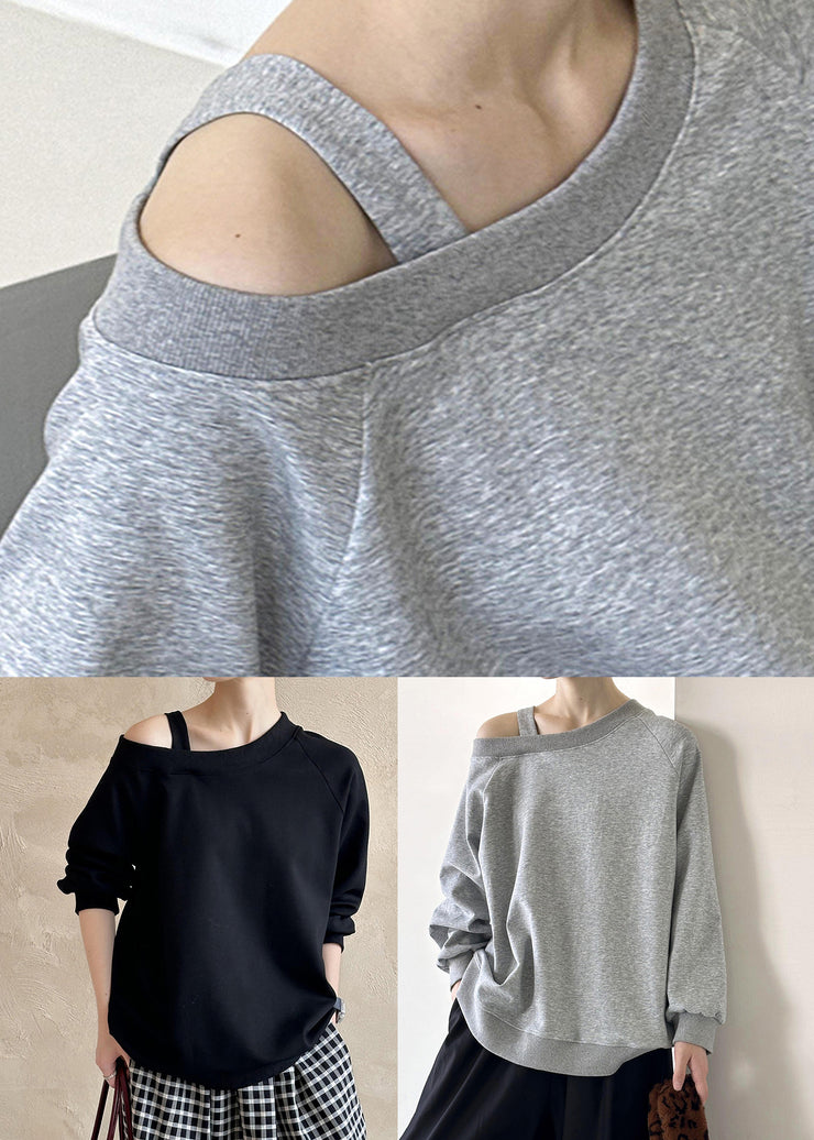 Women Black Cold Shoulder Solid Cotton T Shirts Fall