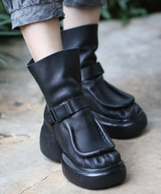 Women Black Cowhide Leather Boots Splicing Platform Boots