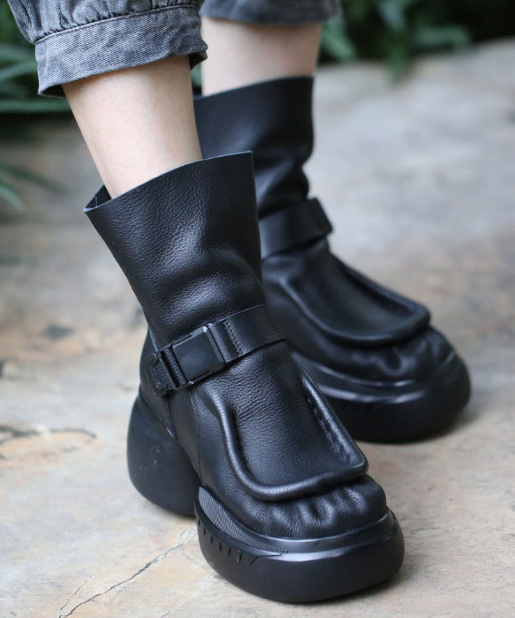 Women Black Cowhide Leather Boots Splicing Platform Boots