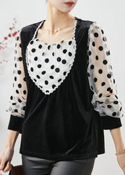 Women Black Dot Patchwork Velour Fake Two Piece Shirts Spring