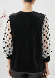 Women Black Dot Patchwork Velour Fake Two Piece Shirts Spring