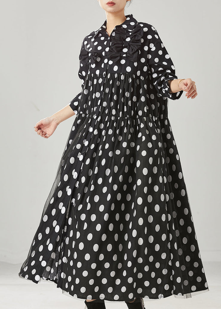 Women Black Dot Print Bow Tullle Long Dresses Spring