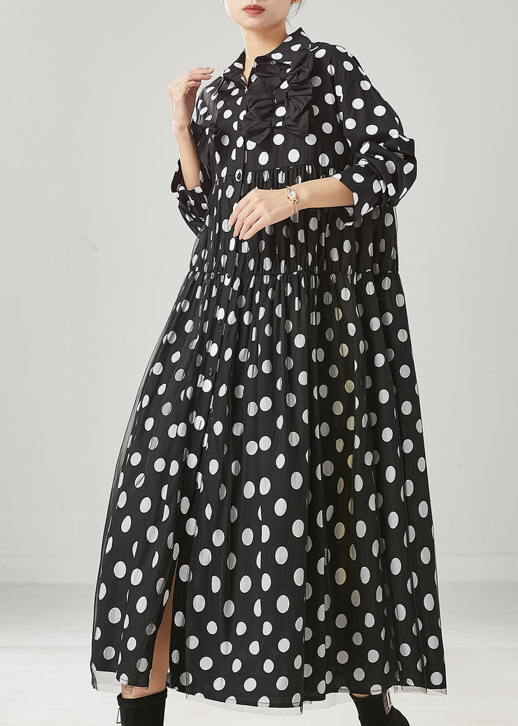 Women Black Dot Print Bow Tullle Long Dresses Spring