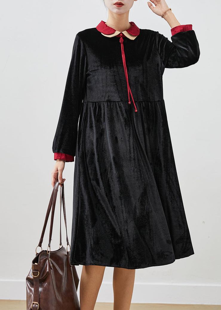 Women Black Double-layer Tasseled Silk Velour Robe Dresses Fall