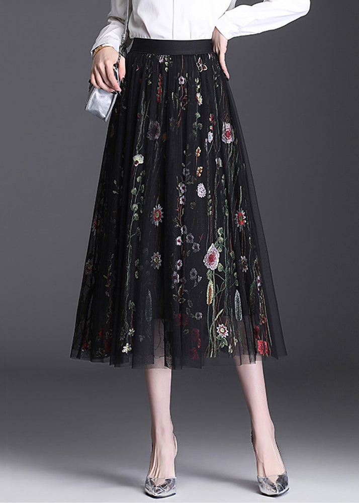 Women Black Embroidered Elastic Waist Tulle Skirt Summer