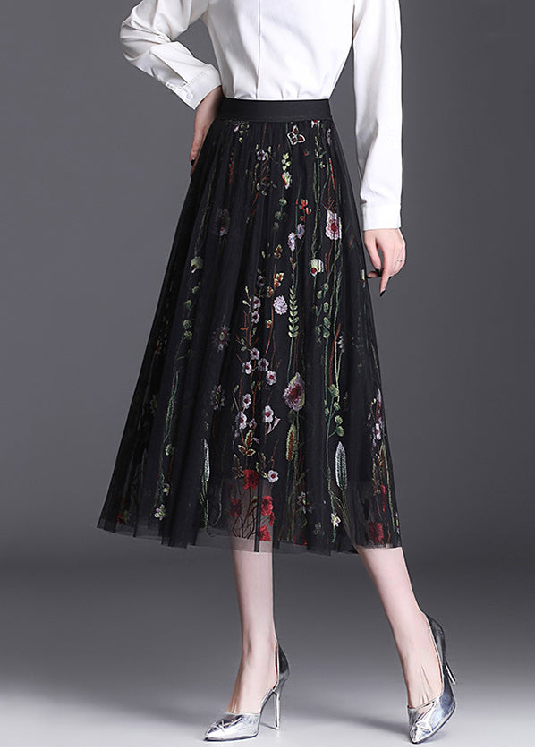 Women Black Embroidered Elastic Waist Tulle Skirt Summer