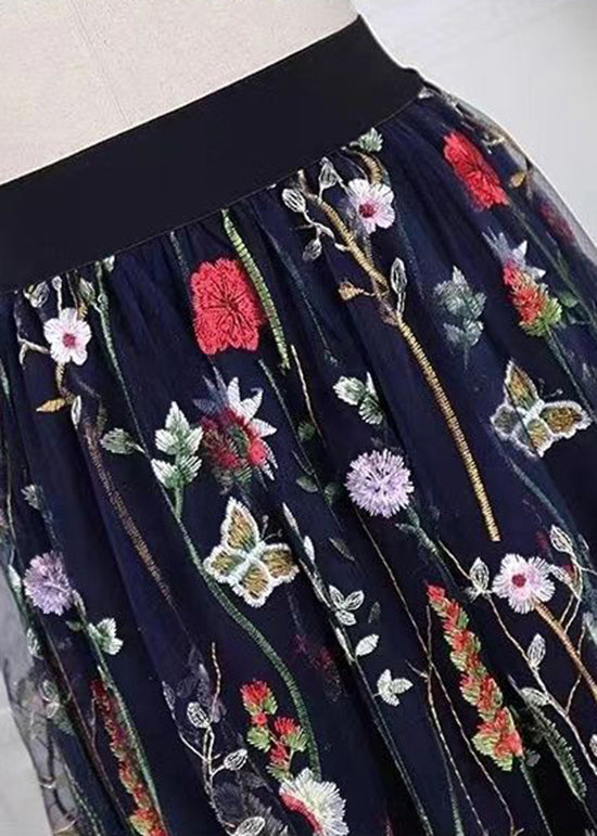 Women Black Embroidered High Waist Tulle Skirts Spring