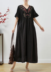 Women Black Embroidered Patchwork Cotton Long Dress Summer