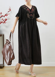 Women Black Embroidered Patchwork Cotton Long Dress Summer