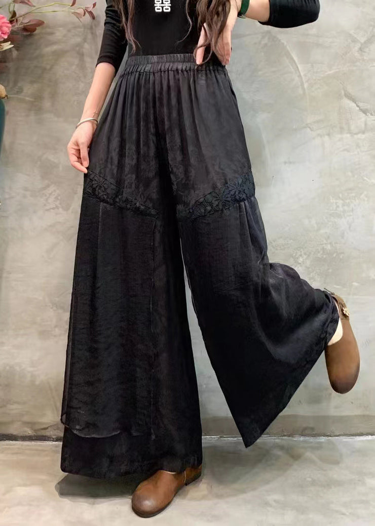 Women Black Embroidered Pockets Patchwork Linen Silk Pants Summer