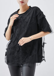 Women Black Embroideried Butterfly Tulle Tops Summer