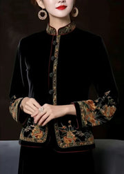 Women Black Embroidered Button Silk Coats Long Sleeve