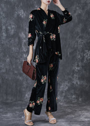 Women Black Embroideried Chinese Button Silk Velour 2 Piece Outfit Spring