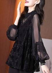 Women Black Embroideried Hollow Out Patchwork Lace Top Lantern Sleeve